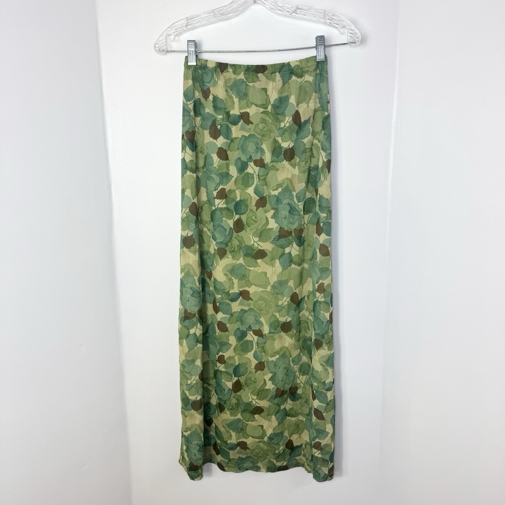 Vintage Kookai Forest Fairy Maxi Skirt XS Green Floral Sheer 90s Boho Hippie